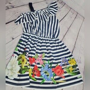 Mayoral Dress Girls Size 16 Blue & White Strip Floral Sleeveless